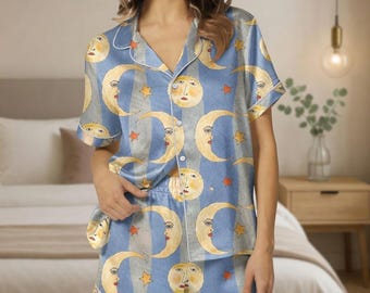 Celestial Sun and Moon Pajama Set | Vintage Moon with Face Silk Pjs | Whimsical Blue Striped Sleepwear | Satin Astrology Nightwear