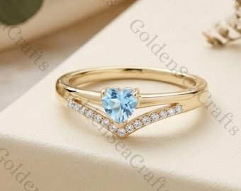 14K Gelbgold Herz Aquamarin & Moissanit Chevron Ring, Solitär März Geburtsstein Ehering, Versprechen Ring Geschenk für Sie