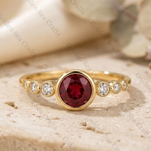 6mm Round Ruby Bezel Ring, 14K Solid Yellow Gold Ruby Solitaire, Moissanite Accent Ring, Minimalist Engagement Ring, Handmade Gifted Jewelry