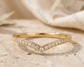14K Solid Gold Moissanite Chevron Ring, V Shaped Wedding Band, Curved Stackable Ring, Minimalist Promise Ring, Anniversary Gift for Her