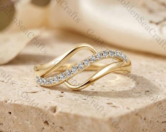 14K Gold Moissanite Swirl Ring, Twisted Bypass Statement Ring for Women, Elegant Minimal Jewelry Gift