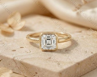 Anello solitario con moissanite taglio cuscino in oro giallo massiccio 14 carati, incastonato a castone, regalo minimalista per lei.