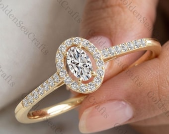 14K Solid Yellow Gold Oval Moissanite Halo Engagement Ring, Accent Stone Bridal Ring, Classic Sparkling Proposal Ring Gift for Her