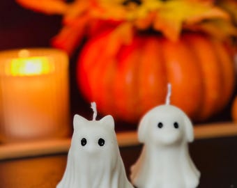 Vela con forma de gato fantasma vertida a mano / Decoración con espíritu de Halloween (Edición limitada)