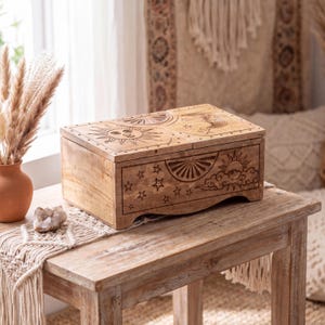 Sun and Moon Tarot Card Storage Box, Celestial Wooden Divination Chest, Oracle Deck Organizer, Mystic Altar Decor Box for Cards image 5