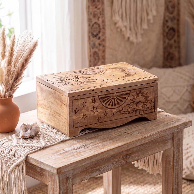 Sun and Moon Tarot Card Storage Box, Celestial Wooden Divination Chest, Oracle Deck Organizer, Mystic Altar Decor Box for Cards image 5