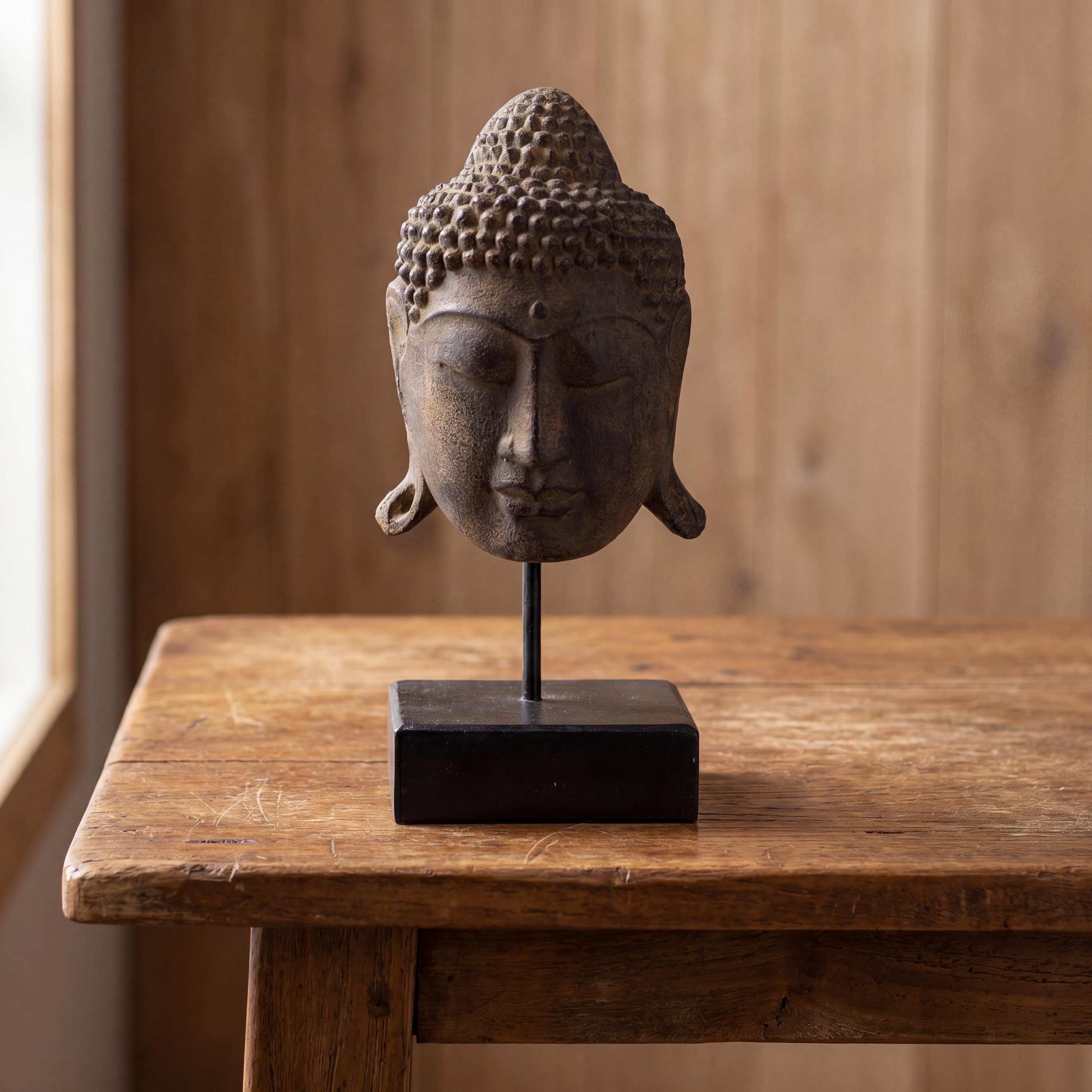 Large Serenity Buddha Head on Stand Grey, Antique Meditation Sculpture, Spiritual Boho Statue, Zen Yoga Room Shelf Accent Home Figurine Gift