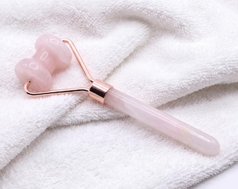 Rose Quartz Crystal Jawline Roller, Dual Stone Facial Massage Tool, Natural Gemstone Skincare Accessory, Rose Gold Self Care Spa Ritual