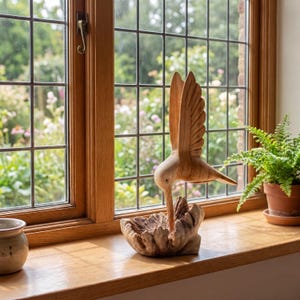 Può includere: Una scultura di colibrì intagliata a mano in legno con le ali rivolte verso l'alto, posizionata come se si stesse nutrendo da una base in legno organico testurizzato. La venatura del legno chiaro è visibile su tutto il corpo dell'uccello.