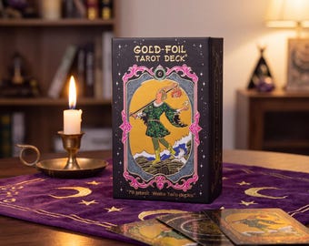 Gold Foil Tarot Card Set with Booklet, Black 78 Card Tarot Deck, Metallic Divination Cards, Mystical Spiritual Reading Deck