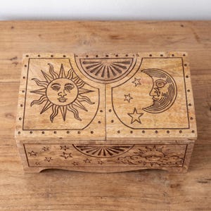Sun and Moon Tarot Card Storage Box, Celestial Wooden Divination Chest, Oracle Deck Organizer, Mystic Altar Decor Box for Cards image 3