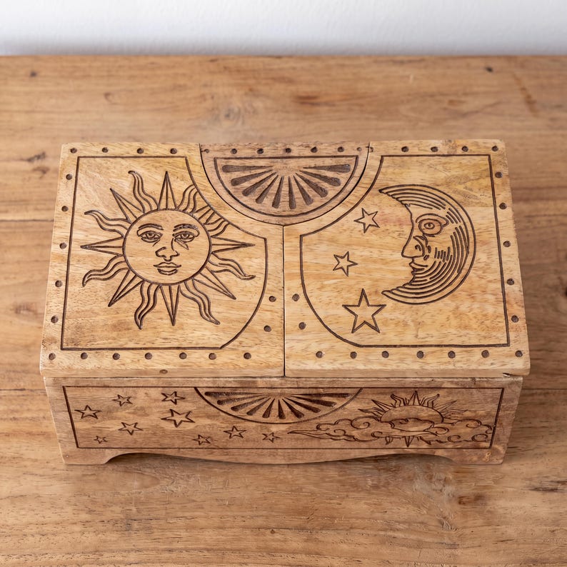 Sun and Moon Tarot Card Storage Box, Celestial Wooden Divination Chest, Oracle Deck Organizer, Mystic Altar Decor Box for Cards image 3