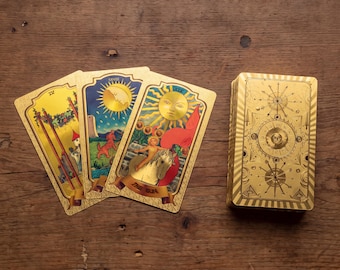 Golden Tarot Deck, 78 Card Rider Waite Style Gold Foil PET Tarot Cards, Shimmering Divination Deck, Spiritual Reading Cards