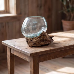Geschmolzene Glasschüssel Natürliche Treibholzbasis Mundgeblasenes Glas Terrarium Pflanzer Handwerker Sukkulentenhalter Rustikal Küsten Wohnkultur Herzstück