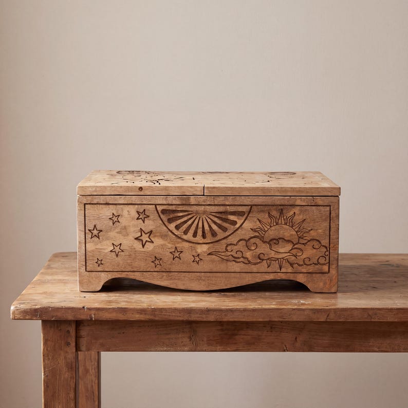 Sun and Moon Tarot Card Storage Box, Celestial Wooden Divination Chest, Oracle Deck Organizer, Mystic Altar Decor Box for Cards image 7