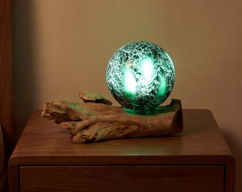 Emerald Crackle DriftGlow Lamp, Dark Green Fibreglass Sphere on Natural Driftwood Base, Moody Ambient Table Light, Rustic Boho Decor