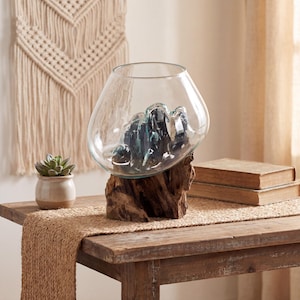 May include: A clear, bulbous glass bowl sits securely atop a piece of natural, dark brown driftwood. The glass vessel features an irregular, molded base that conforms to the shape of the wood, creating a unique, organic display piece for home decor.