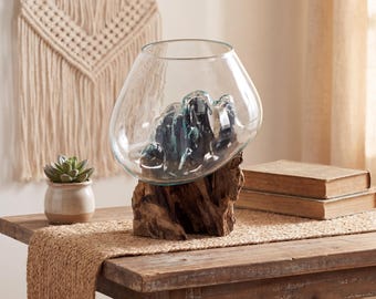 Molten Glass Vase on Natural Driftwood Stand, Hand Blown Glass Terrarium Bowl, Coastal Planter, Rustic Home Decor Centerpiece