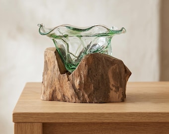 Recycled Beer Bottle Glass Vase in Driftwood Frame, Sculptural Wood and Glass Decor, Organic Modern Centerpiece Home Accent