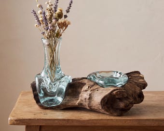 Treibholz-Glasvase mit Teelichthalter - Geschmolzenes Glas auf Holz, rustikales Walddekor, moderner Mini-Blumenvasen-Kerzenakzent