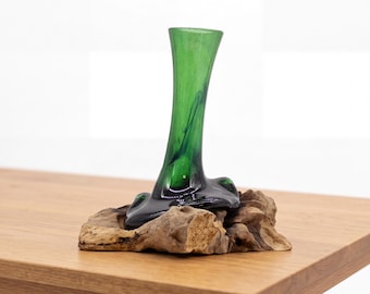 Handblown Green Glass Bud Vase from Recycled Bottle on Driftwood Base, Sculptural Wood Art Vase, Minimalist Rustic Home Decor Accent