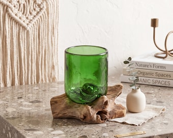 Green Glass Candle Holder from Recycled Beer Bottles on Driftwood, Hand Formed Tealight Holder, Rustic Organic Home Decor Accent