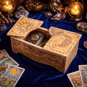 Boîte de rangement pour cartes de tarot soleil et lune, coffre de divination céleste en bois, organisateur de jeu de cartes Oracle, boîte de décoration d'autel mystique pour cartes