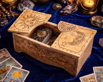 Caja de almacenamiento para cartas del Tarot del Sol y la Luna, cofre de madera celestial para adivinación, organizador de mazos de oráculo, caja de decoración mística para altares de cartas.