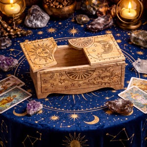 Sun and Moon Tarot Card Storage Box, Celestial Wooden Divination Chest, Oracle Deck Organizer, Mystic Altar Decor Box for Cards image 2
