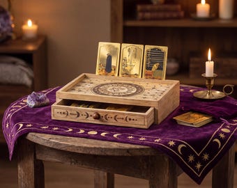 Himmlische Tarot-Kartenablage mit Schublade, Sonnen- und Mond-Lesebrett, Wahrsage-Altar-Organizer, mystische Tarot-Holzbox für Kristalle