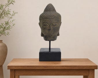 Antique Buddha Head Statue on Stand, Zen Meditation Sculpture, Spiritual Home Accent, Boho Yoga Room Ornament Decor Mindfulness, Thai Decor