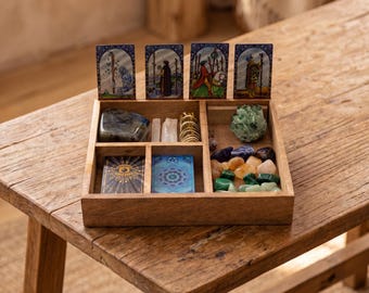 Wooden Tarot and Crystal Organizer with Celestial Sliding Lid, Witchy Altar Storage Box Divination Supply Chest Moon and Sun Spiritual Decor