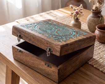 Mango Wood Buddha Bodhi Tree Storage Box, Spiritual Keepsake Chest, Meditation Altar Organizer, Boho Jewelry Box, Crystal & Tarot Storage