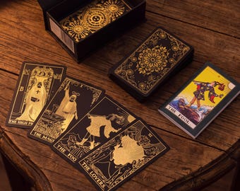 Gold Foil Tarot Cards Set, 78 Card Divination Deck with Guidebook, Metallic PET Tarot Deck, Spiritual Self Discovery Box
