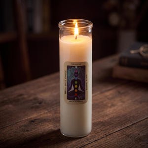 May include: A tall, cylindrical glass candle filled with white wax and a lit wick. A rectangular label on the front features a silhouette of a person in a seated meditation pose with colourful chakra points, labelled Cleansing, Magic Spell Candle, White Jasper, and Sage & Peppermint.