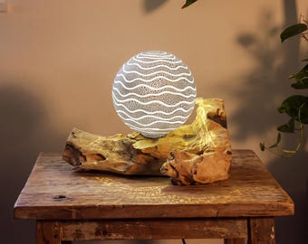 Grey Luna DriftGlow Lamp on Natural Driftwood Base, Fibreglass Sphere Lamp, Ambient Table Light, Handmade Home Decor