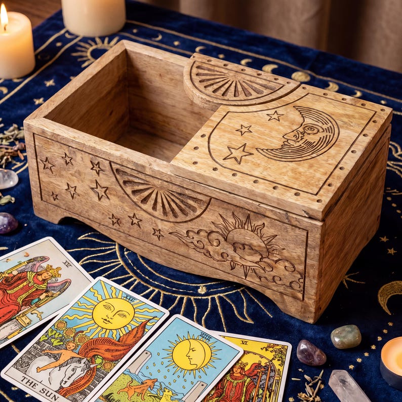 May include: A rectangular wooden box with a sliding lid featuring engraved celestial designs including a crescent moon, stars, and a sun. The box has a natural light brown wood grain finish and is carved with sunburst patterns on the front and lid.