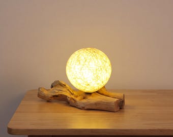 Cotton Wrap Cream DriftGlow Lamp, Fibreglass Sphere on Natural Driftwood Base, Warm Ambient Table Light, Rustic Boho Bedside Lamp