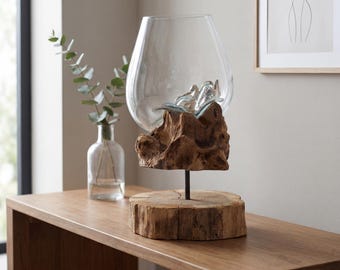 Molten Glass Vase on Wood Stand, Hand Blown Glass Sculpture, Driftwood Centerpiece, Rustic Boho Woodland Modern Home Decor Piece