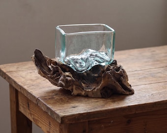 Geschmolzener Glasbehälter auf natürlichem Treibholzständer, mundgeblasene Glasschale, rustikale Terrariumvase, handwerkliche Küstendekoration