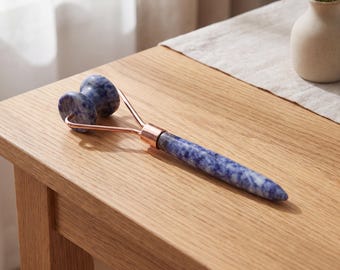 Sodalite V-Shaped Jawline Roller, Blue Crystal Facial Contour Tool, Throat Chakra Beauty Ritual, Rose Gold Holistic Skincare Facial Massager