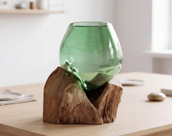 Handmade Green Recycled Glass Vase on Driftwood Base, Organic Wood Sculpture, Rustic Coastal Home Decor, Eco Friendly Gift Idea