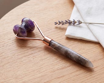 Amethyst Gemstone Jawline Roller, Crystal Face Massage Tool, Purple Facial Roller for Skincare Routine, Self Care Beauty Gift