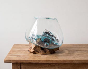 Molten Glass Vase on Natural Driftwood Stand, Hand Blown Glass Terrarium Planter, Coastal Boho Centerpiece, Rustic Woodland Home Decor