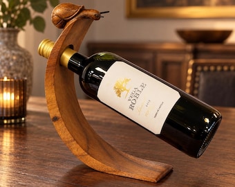 Wooden Snail Wine Bottle Holder, Hand Carved Suar Wood Balancing Stand, Rustic Kitchen Bar Decor, Sculptural Tabletop Wine Display