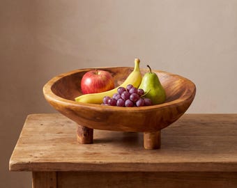 Smooth Teakwood Fruit Bowl on Legs – Japandi Pedestal Catchall Bowl for Earthy Mediterranean Bali Style Neutral Home Kitchen Coffee Table