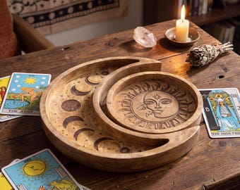 Moon Phase Crystal Display Tray Set, Celestial Wooden Altar Bowls, Tarot Reading Decor, Witchy Crystal Organizer, Ritual Tool Holder