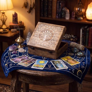 May include: A square wooden box with a white engraved goddess and moon phase design on the lid, resting on a blue velvet cloth featuring gold celestial patterns, surrounded by five tarot cards, crystals, and a brass incense burner.
