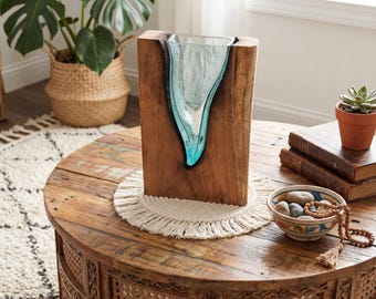 Molten Glass Vertical Wall Vase on Wood, Hand Blown Glass Planter, Rustic Boho Decor, Driftwood Home Accent Display Piece, Small Floral Vase