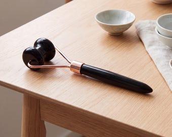 Black Obsidian Gemstone Jawline Roller, Dual Stone Facial Massage Tool, Rose Gold Skincare Accessory, Crystal Self Care Beauty Gift